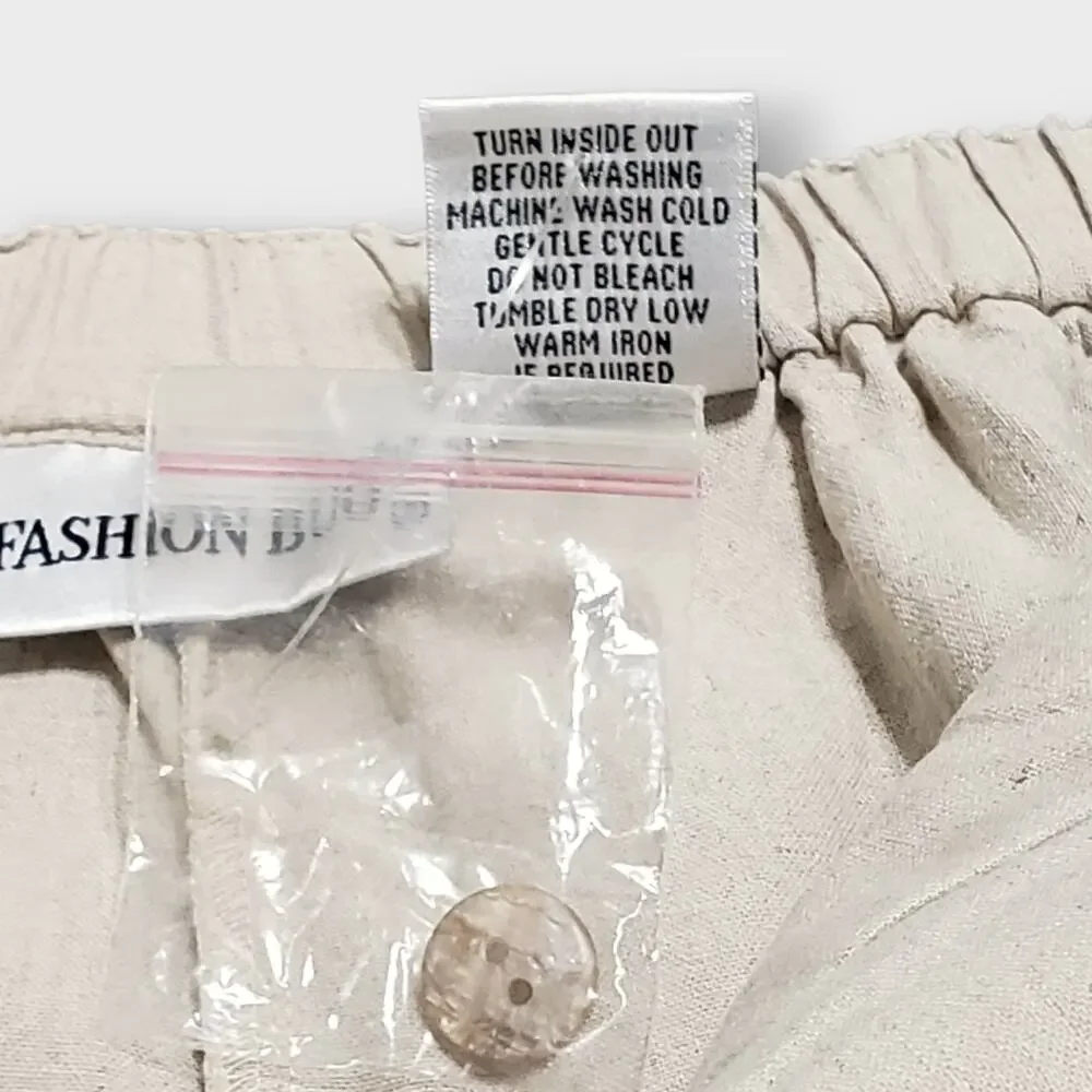 Vtg Fashion Bug Linen Blend Floral Embroidered Crop Pant Medium Neutral Tan NWOT